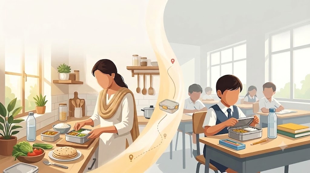 Real Indian family packing lunch box in morning sunlight